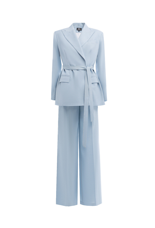 Брючный костюм с поясом голубой 14-02-25 SS