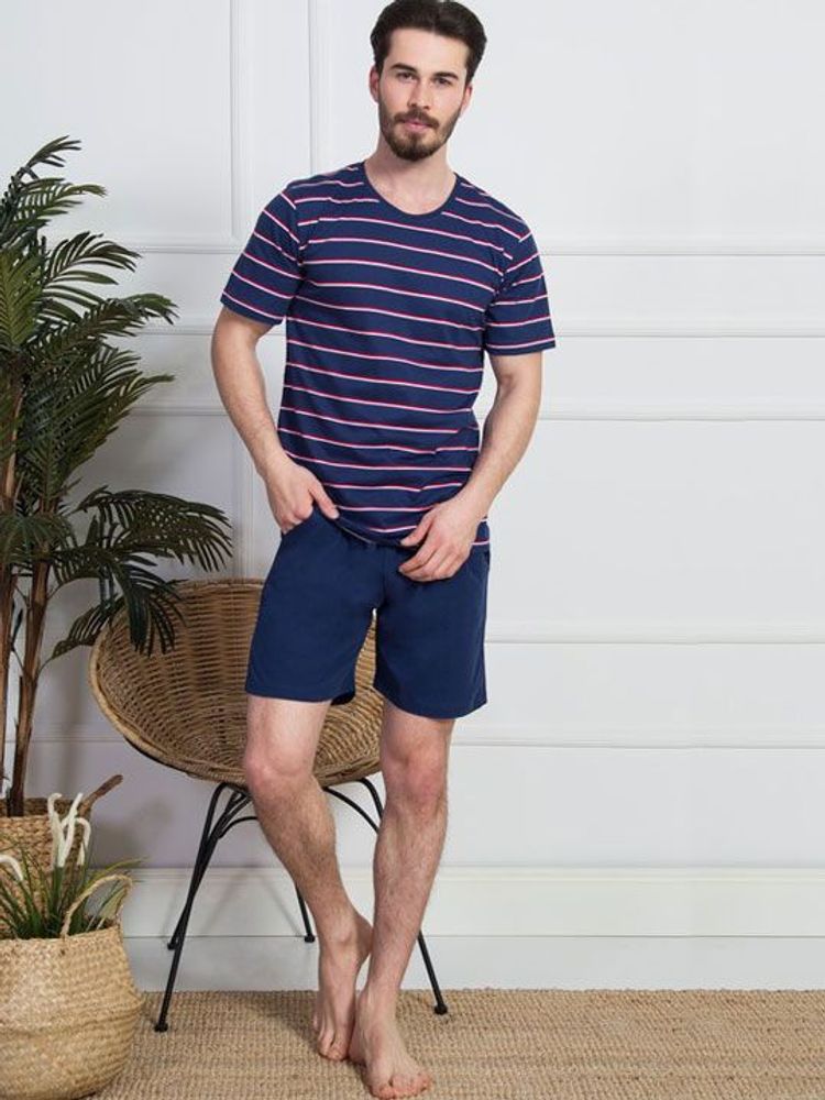 Мужской комплект с футболкой в узкую полоску (Размер: L) (Цвет: синий)
