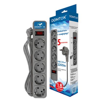 Фильтр-удлинитель "DOMTOK" 5гн., ПВС 3*1, 10А/2,2кВт серый 1,8м (1/15)