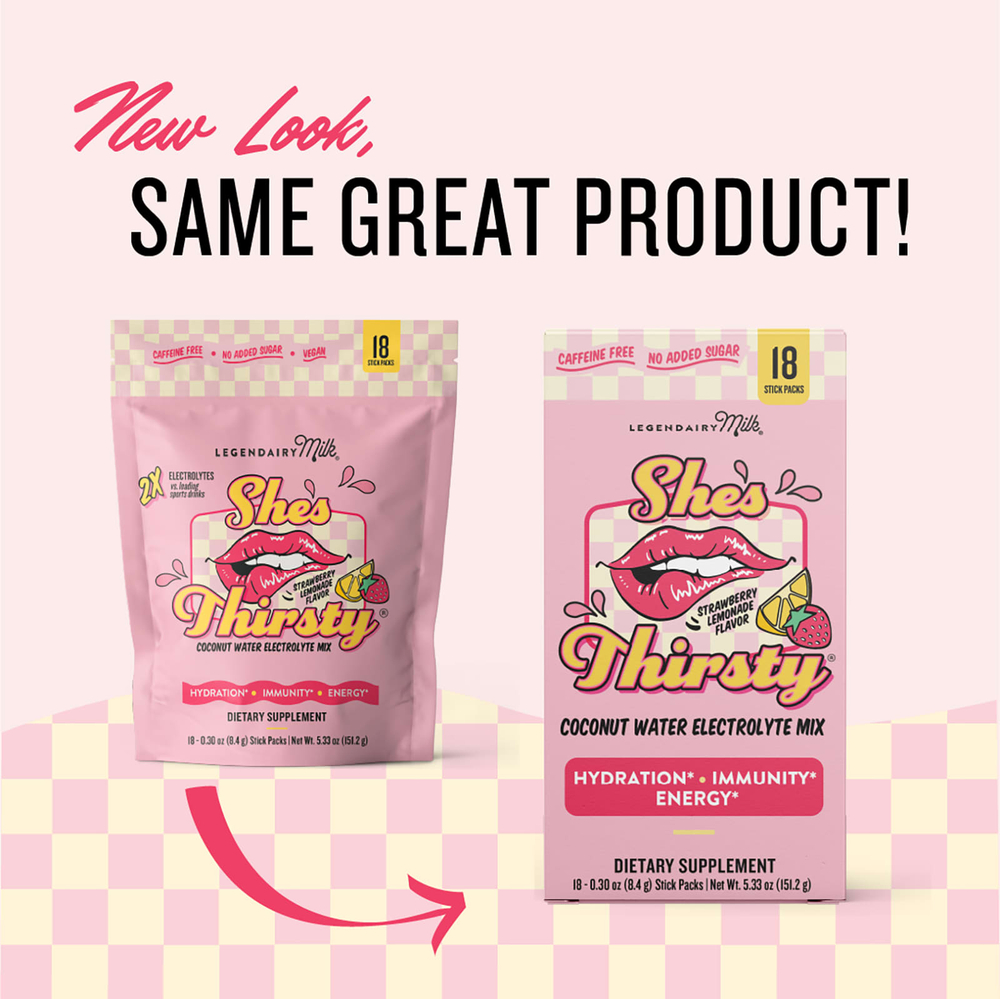 Legendairy Milk, She's Thirsty®, смесь электролитов с кокосовой водой, со вкусом клубничного лимонада, 18 стиков по 8,4 г (0,30 унции)