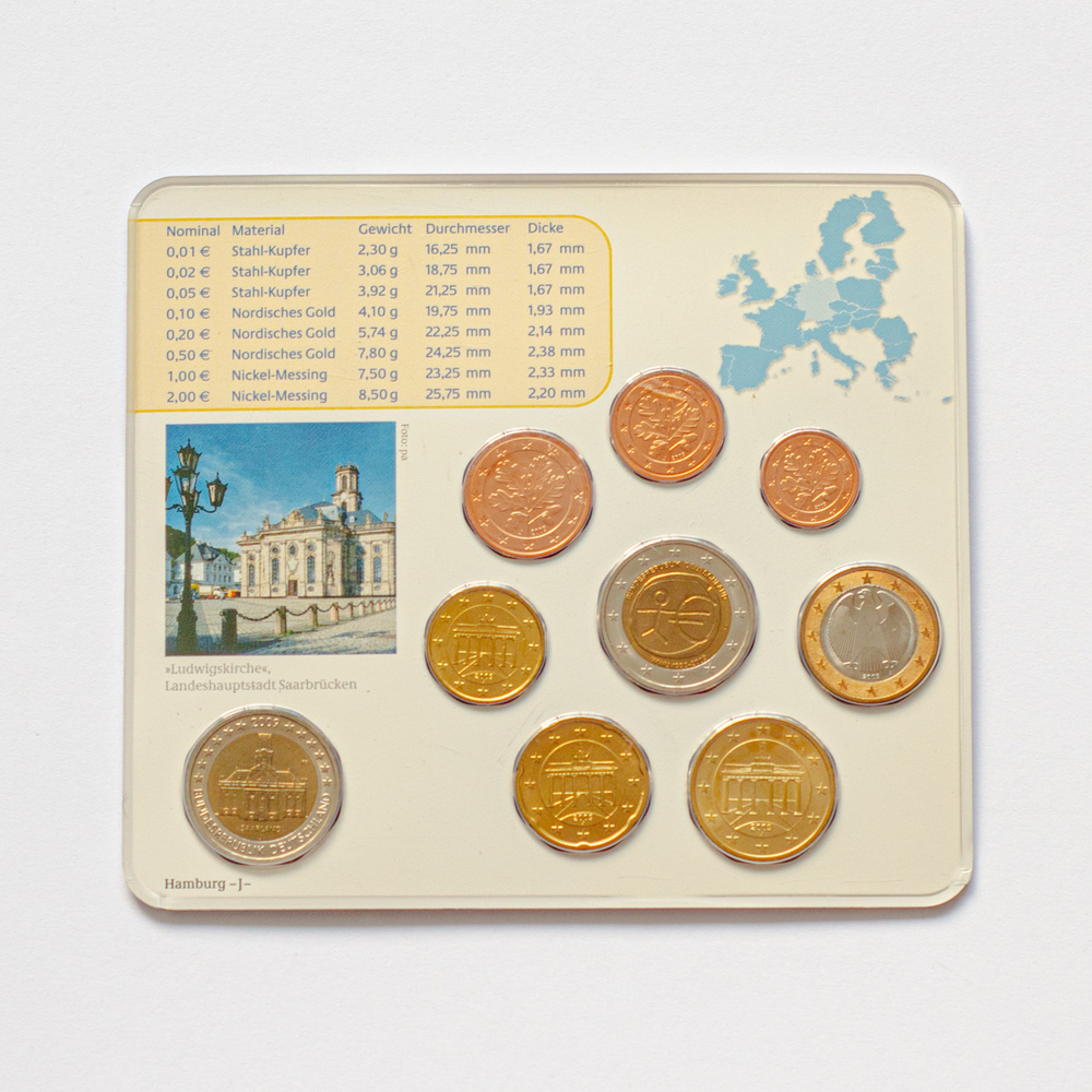 Germany 2009 Year Set (J: Hamburg) + 2 x 2 Euro: "Ludwigskirche in Saarbrücken" and "10th Anniversary of Economic and Monetary Union"