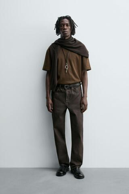ZARA ФУТБОЛКА RELAXED FIT INTERLOCK, ТЕМНО-КОРИЧНЕВЫЙ