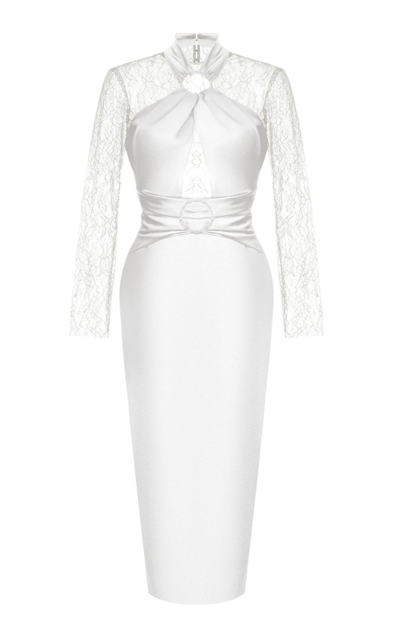 Платье миди из сатина и кружева драпированное с кольцом и пряжкой