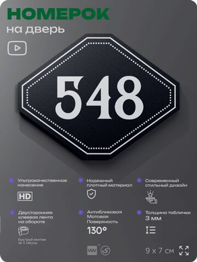 Номерок на дверь квартиры 548, для кабинета, офиса, шильдик 9 х 7 см, черный, Айдентика Технолоджи