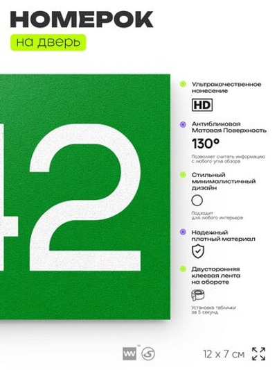 Номер на дверь 642, табличка на дверь для офиса, квартиры, кабинета, аудитории, склада, зеленая 120х70 мм, Айдентика Технолоджи