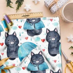 Ткань премиум габардин мультяшные коты под дождем