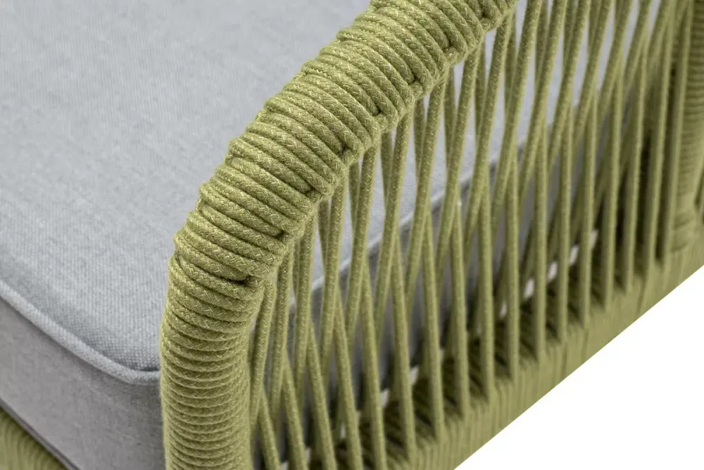 "Канны" кресло плетеное из роупа, каркас алюминий светло-серый (RAL7035) муар, роуп салатовый меланж круглый, ткань светло-серая