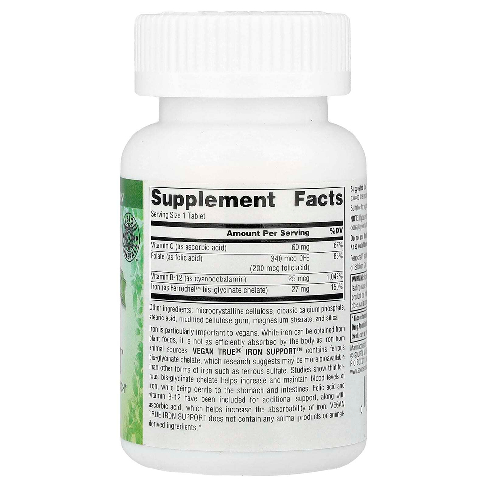 Source Naturals, Vegan True®, Iron Support™, 180 таблеток
