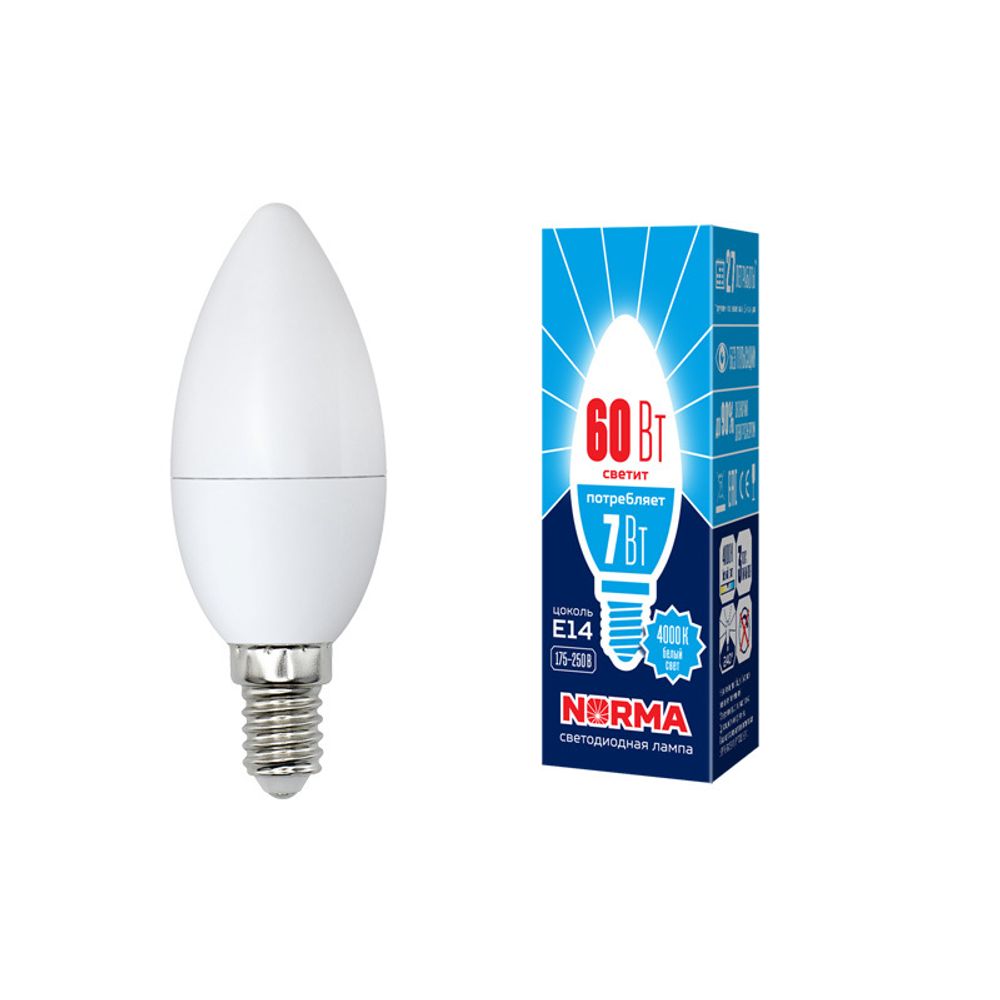 LED-C37-7W/NW/E14/FR/NR Лампа светодиодная. Форма свеча, матовая. Серия Norma. Белый свет (4000K). Картон. ТМ Volpe