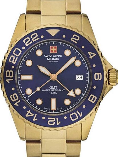 С браслетом Мужские наручные часы с золотистым браслетом Swiss Alpine Military 7052.1115 GMT diver 42mm 10ATM