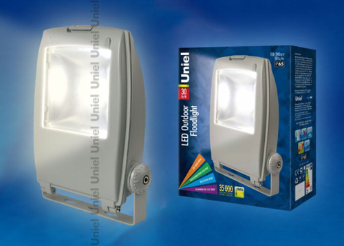 ULF-S02-30W/WW IP65 110-240В Прожектор светодиодный. Корпус серый. Цвет свечения теплый белый. Степень защиты IP65. Картонная упаковка