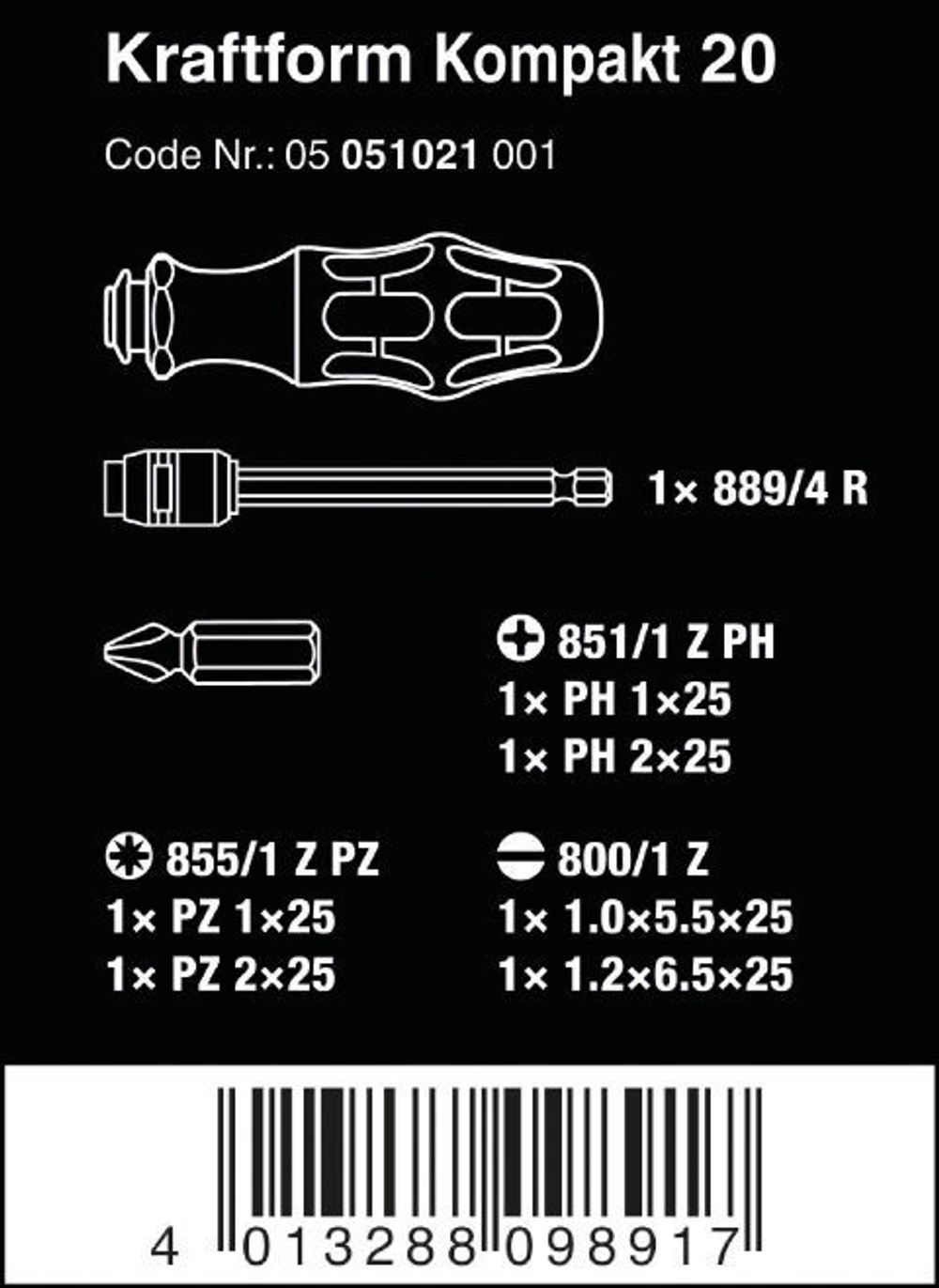 Набор бит Kraftform kompakt 20 с телескопической вставкой Wera 05051021001
