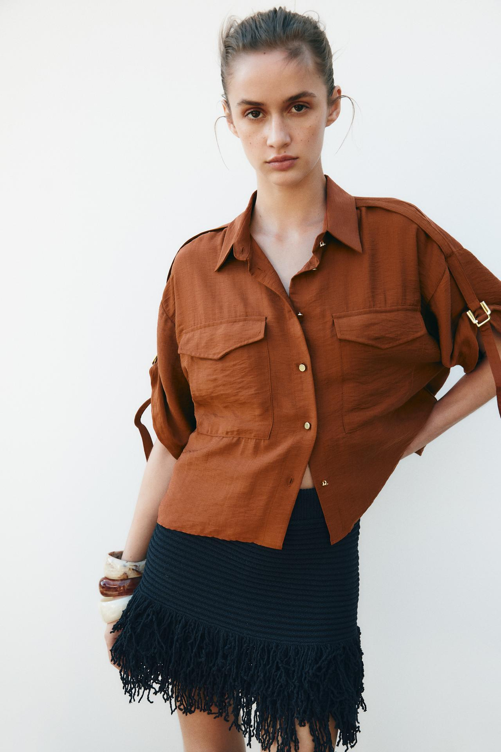 ZARA РУБАШКА В СТИЛЕ САФАРИ С КОРОТКИМИ РУКАВАМИ, ЧЕРЕПИЧНЫЙ