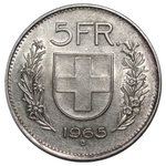 5 франков. Швейцария. 1965 год. Серебро. XF-AU