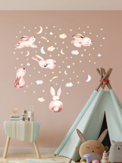 Детские акварельные интерьерные наклейки с зайчиками на стены и мебель