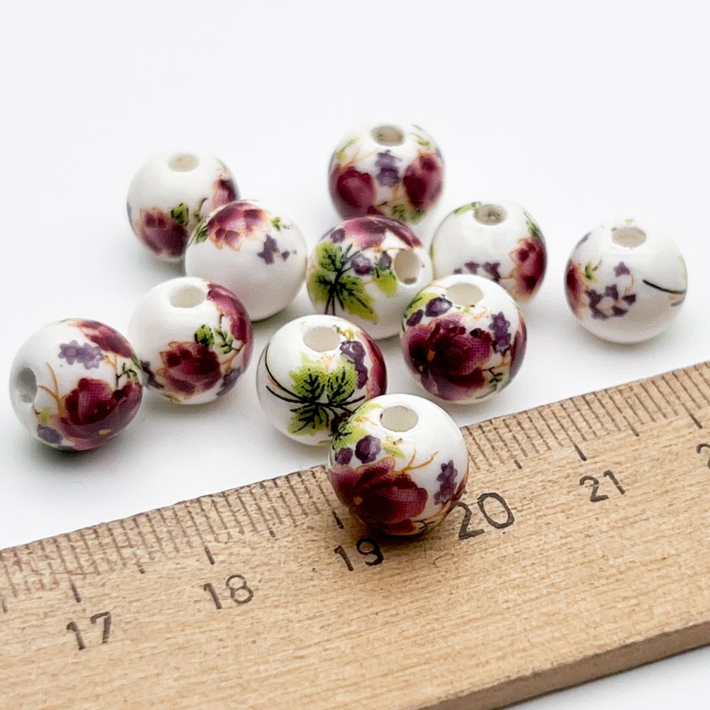 Бусины Шар с цветами, керамика, цвет фиолетовый, размер около 10 мм, цена за 1 шт