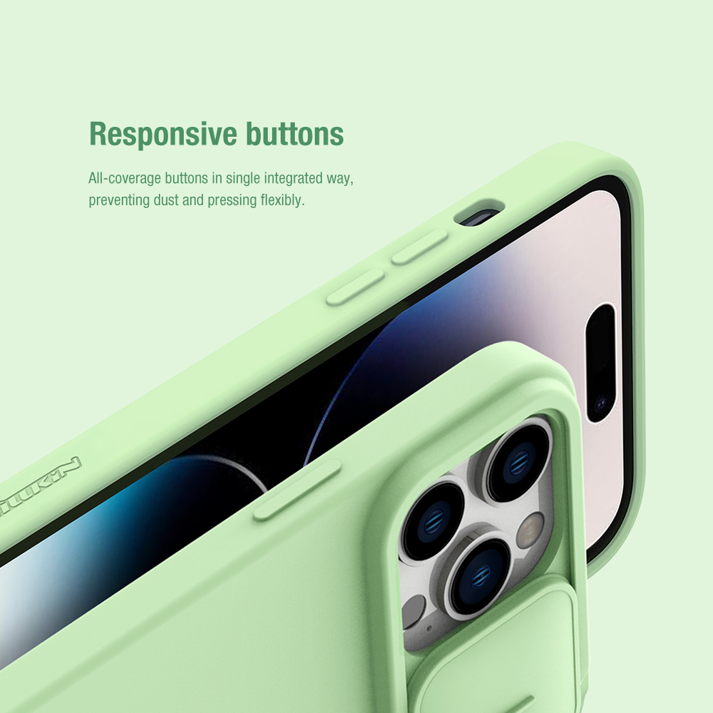 Чехол с MagSafe и с шелковистым покрытием зеленого цвета (Mint Green) от Nillkin для iPhone 14 Pro, серия CamShield Silky Magnetic Silicone Case