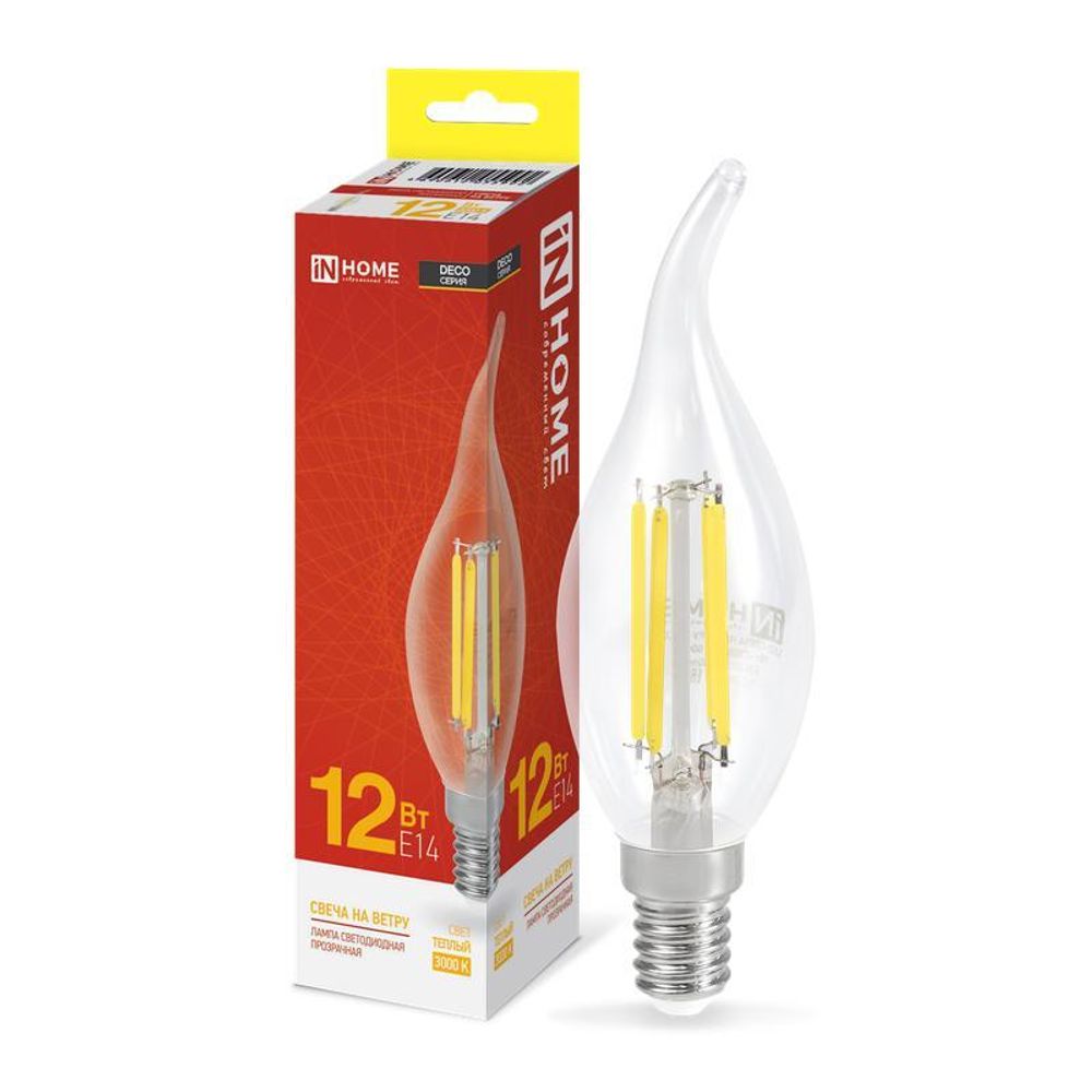 Лампа светодиодная филаментная LED-СВЕЧА НА ВЕТРУ-deco свеча на ветру прозрачная 12Вт 230В E14 3000К 1350лм IN HOME 4690612055992 Лампа светодиодная филаментная LED-СВЕЧА НА ВЕТРУ-deco свеча на ветру прозрачная 12Вт 230В E14 3000К 1350лм IN HOME 4690612055992
