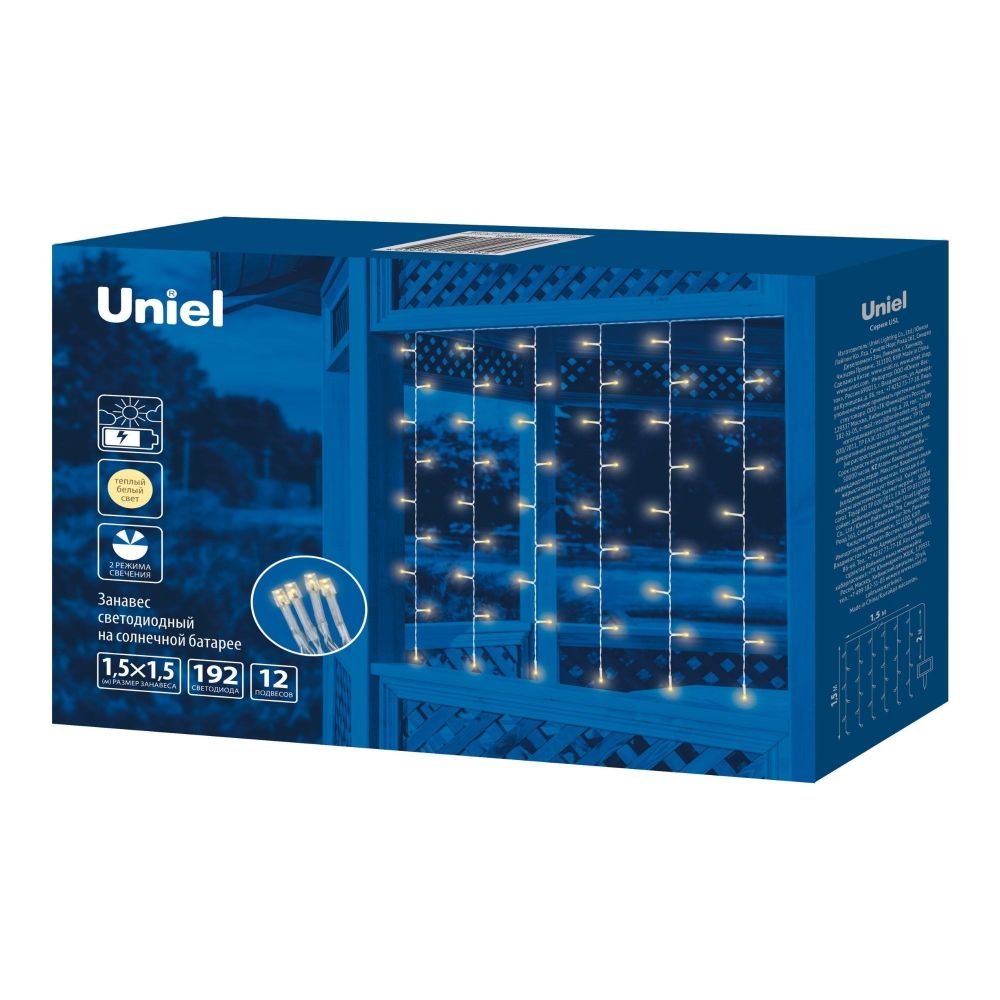 USL-S-131-PT1515 WARM WHITE CURTAIN Садовый занавес на солнечной батарее. 192 светодиода. Теплый белый свет . 1xАА Ni-Mh аккумулятор в-к. IP44. TM Uniel.