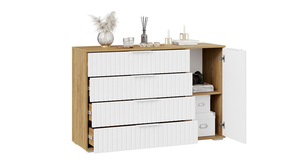 Комод для одежды с ящиками и полками Дуб Крафт золотой/Белый матовый 4 ящика 129х41х84 см