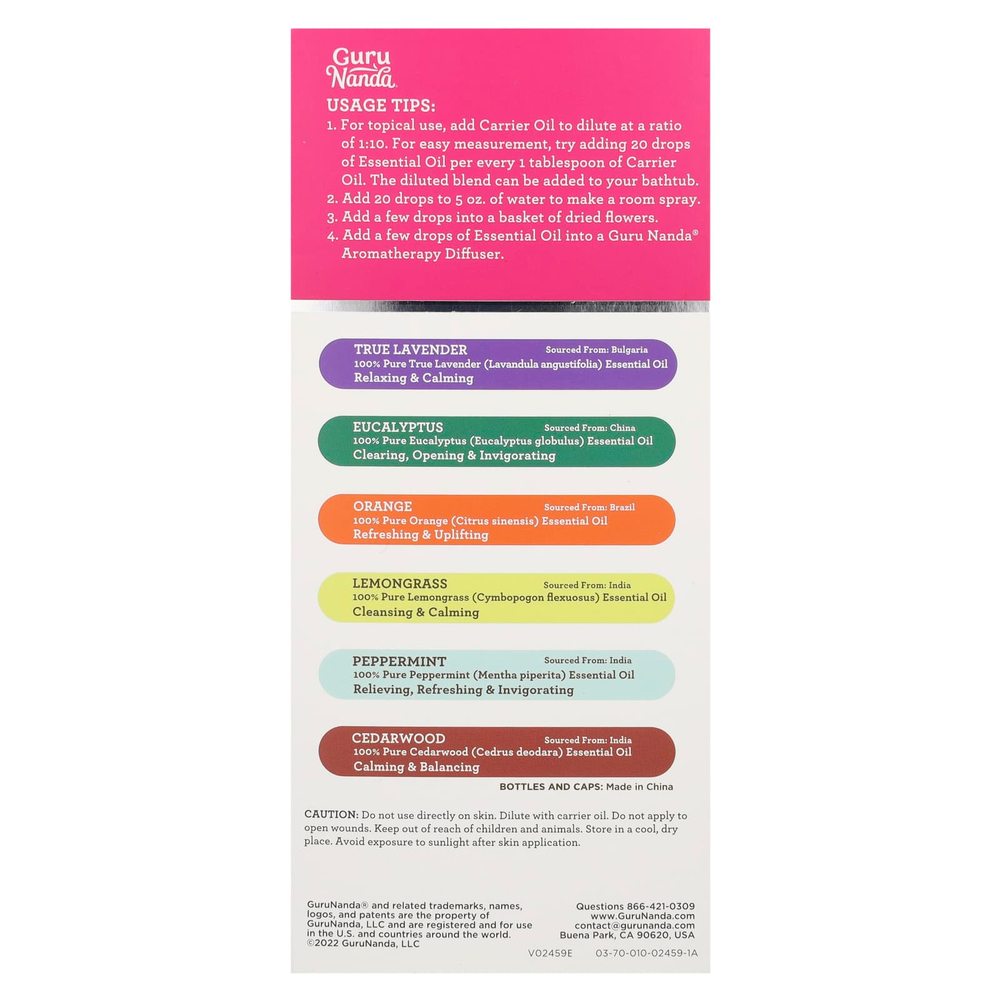 GuruNanda, Top 6 Singles, на 100% чистые эфирные масла, 6 пакетиков по 10 мл (0,33 жидк. унции)