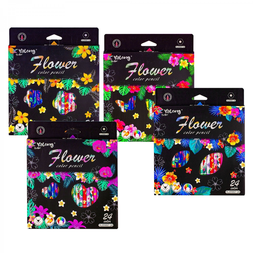 Карандаши цветные Yalong 24 цв., "Цветы", деревянные, шестигранные, заточенные, дизайн на корпусе, грифель 3.0 мм, картон. уп., европод.