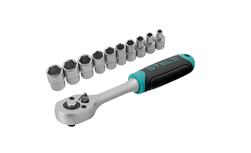 Набор торцевых головок Stels 1/4", головки 4 - 13 мм, с трещот. ключом, CrV, 11 предметов 14125