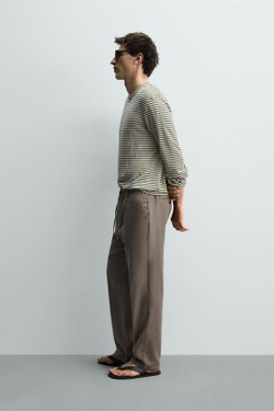 ZARA БРЮКИ RELAXED FIT ИЗ ХЛОПКА И ЛЬНА, СЕРО-КОРИЧНЕВЫЙ