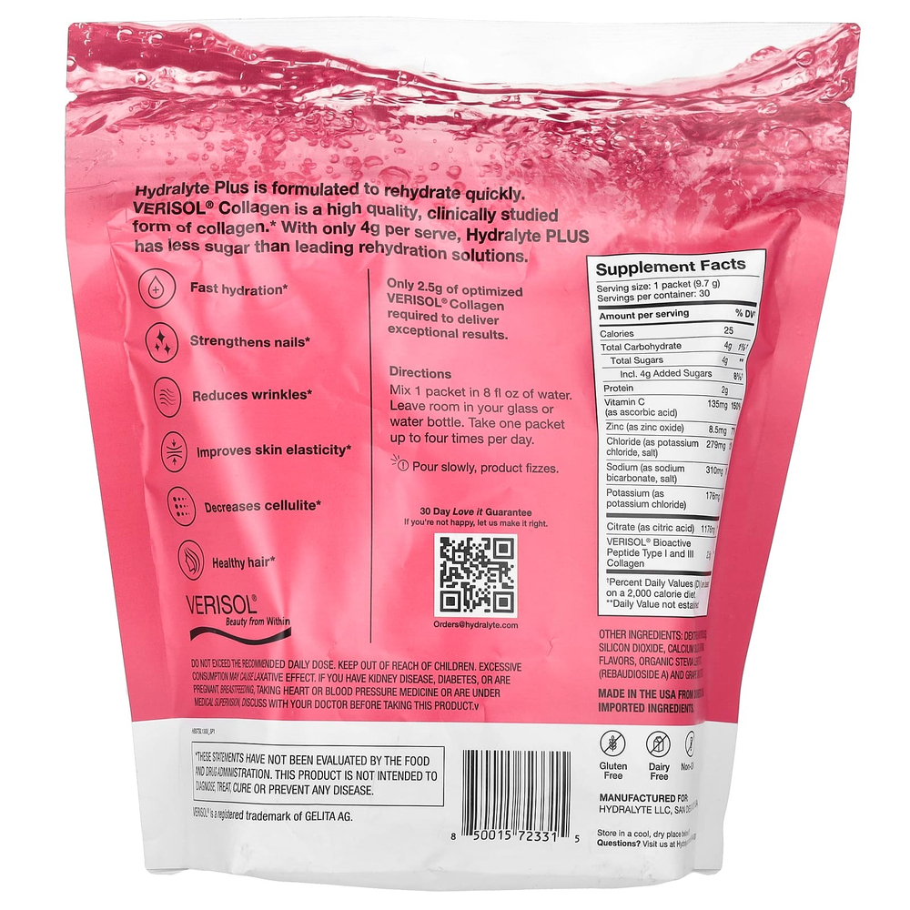 Hydralyte, VERISOL® Collagen, порошок с шипучим электролитом, клубничный лимонад, 30 пакетиков по 9,7 г (0,34 унции)