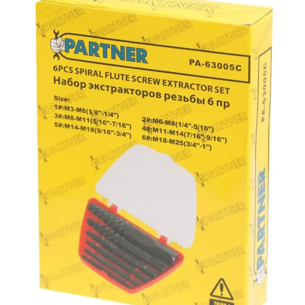 Набор экстракторов резьбы,6пр.(М3-М25, ?:3-6мм, 6-8мм, 8-11мм, 11-14мм, 14-18мм, 18-22мм,), в пластиковом футляре Partner PA-63005C