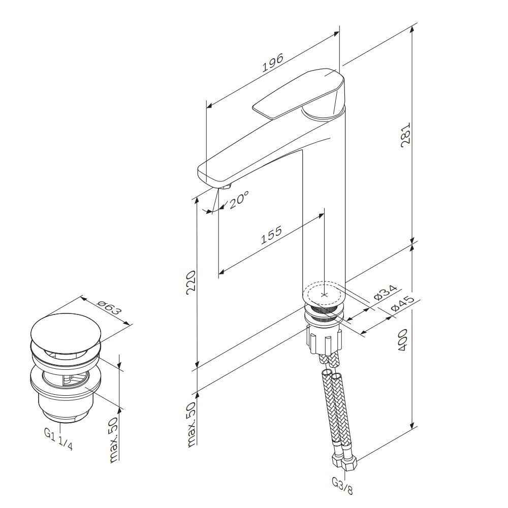 Смеситель для раковины, высокий, с донным клапаном AM.PM Gem F90E92200