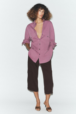 ZARA РУБАШКА ОВЕРСАЙЗ С ВОРОТНИКОМ-СТОЙКОЙ, ЦВЕТ МАЛЬВЫ