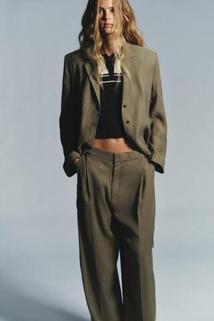 ZARA БРЮКИ С ДВУМЯ СКЛАДКАМИ И КЛАПАНАМИ, ТЕМНЫЙ ХАКИ
