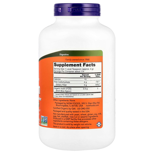 NOW Foods, сертифицированный органический инулин, порошок из чистого пребиотика, 454 г (1 фунт)