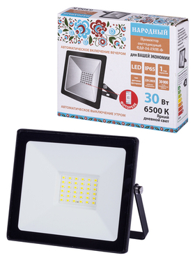 Прожектор светодиодный СДО-04-030Н-Ф (с фотореле) 30 Вт, 6500 К, IP65, черный, Народный   TDM  SQ0336-0233