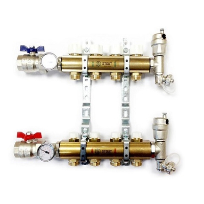 Коллекторная группа в сборе STOUT - 1" на 12 контуров 3/4" (латунь, с вентилями)