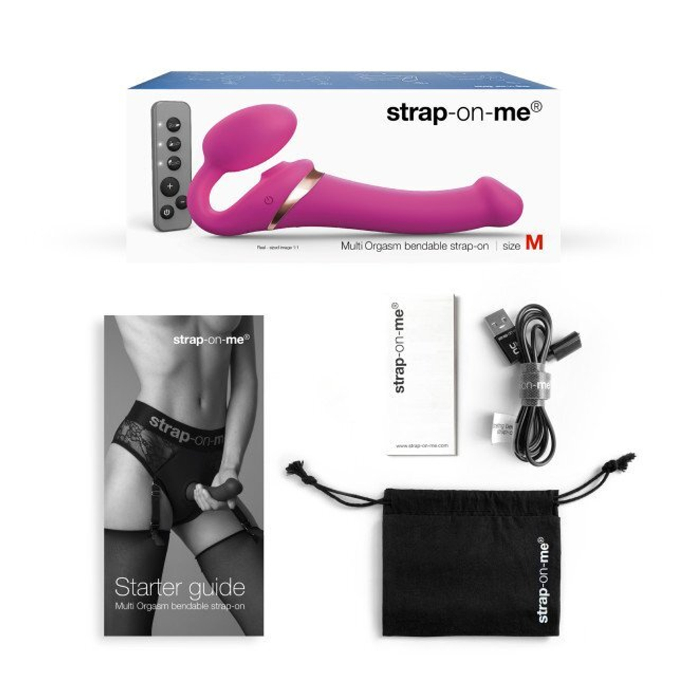 Гибкий страпон Strap-on-me MULTI ORGASM с имитацией оральных ласк и вибрацией, фуксия, S