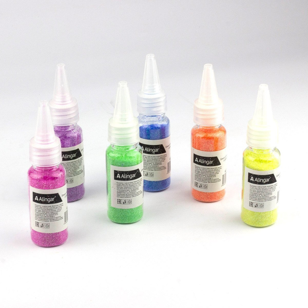 Блёстки для декора Alingar, 20 гр, 6 цветов х 2 шт, "Ассорти" (роз, фиол, зел, син, оранж, желт), 12 штук, пластик. баночка с дозатором, пластик. бокс