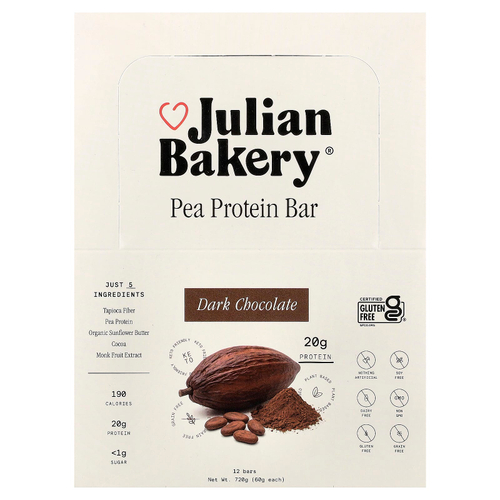 Julian Bakery, батончик с гороховым протеином, темный шоколад, 12 шт. по 60 г (2,1 унции)