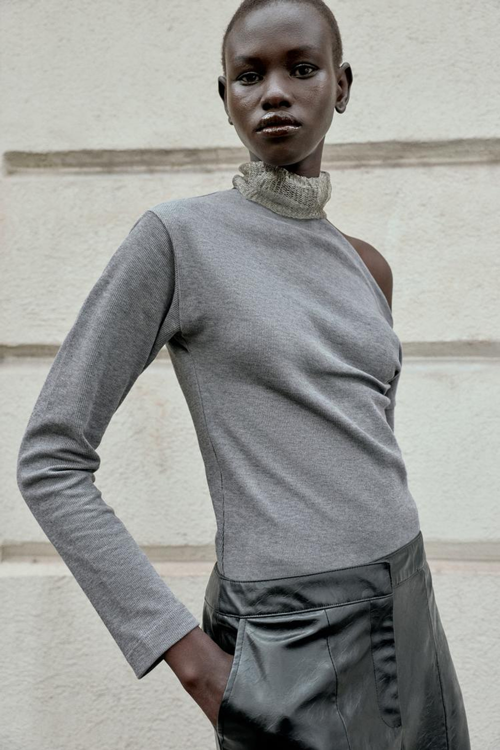 ZARA ТОП АСИММЕТРИЧНОГО КРОЯ ИЗ МЯГКОЙ ТКАНИ, СЕРЫЙ МЕЛАНЖ