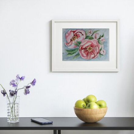 Картина авторская акварельная в раме 40х50 см на стену для интерьера "Пионы"