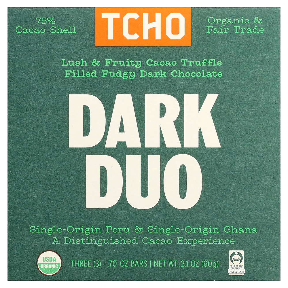 TCHO, Dark Duo, темный шоколад с начинкой из какао и трюфелей, 75% какао-шелухи, 3 плитки по 0,70 унции