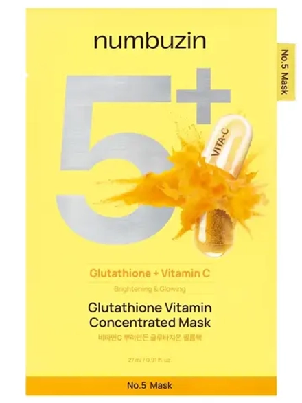 Numbuzin Осветляющая тканевая маска с глутатионом и витамином С для сияния кожи No.5 Glutathione Vitamin Concentrated Mask 27 мл х 5 шт