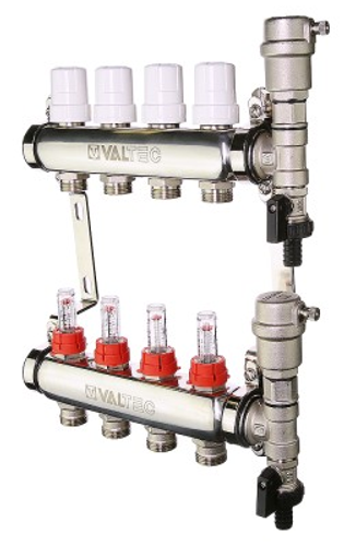 Коллекторный блок Valtec 1"x3/4" 8 выходов с расходомерами (нерж. сталь) VTc.589.EMNX.0608