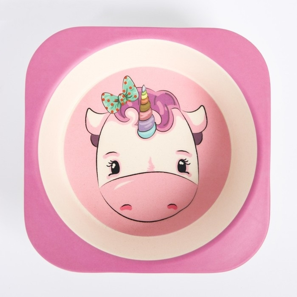 4591068 Набор бамбуковой посуды "Единорог", тарелка, миска, стакан, приборы, 5 предметов