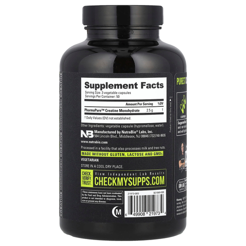 NutraBio, производительность, микронизированный моногидрат креатина, 150 капсул (833 мг в 1 капсуле)