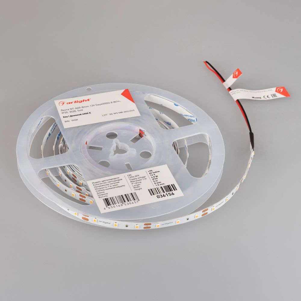 Светодиодная лента NT-A60-8mm 12V Day4000(4.8 W/m, IP20, 3528, 5m) (Arlight, Открытый) 036156