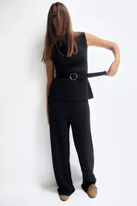 ZARA ТОП В РУБЧИК С ПОЯСОМ, ЧЕРНЫЙ