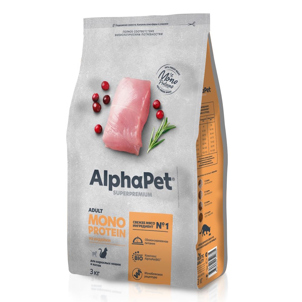 Сухой корм AlphaPet Superpremium Monoprotein для взрослых кошек из индейки