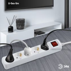 Удлинитель электрический ЭРА U-5es-5m-3x1,5 с заземлением с выключателем 5 розеток 5м ПВС 3x1,5мм2 16А